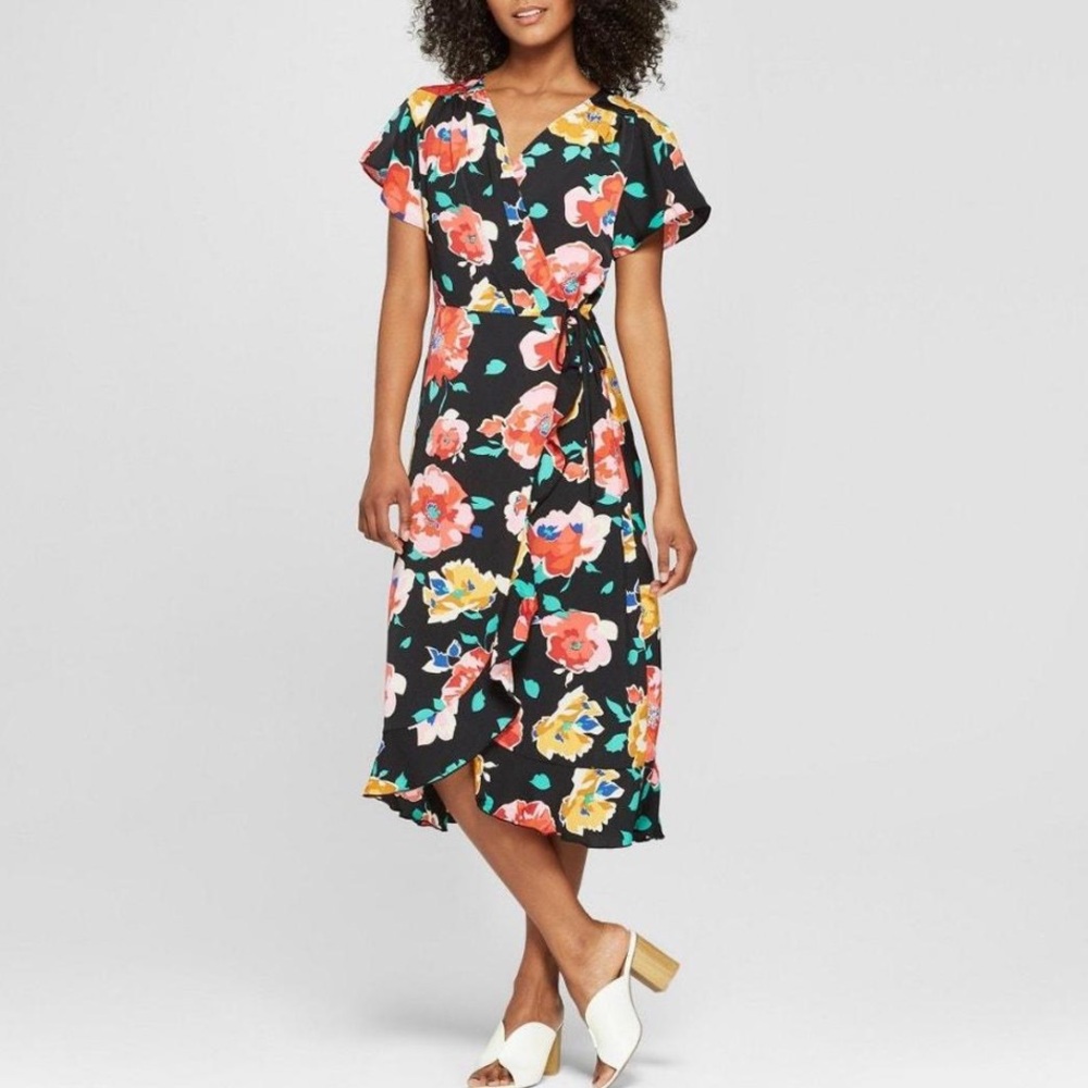 Who what wear black floral wrap midi ruffle dress XL